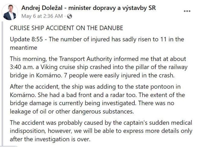 Eleven Injured as a Viking River Cruise Ship Strikes Bridge in Slovakia