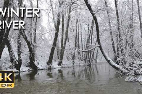 4K HDR Winter River - Snowy Forest Stream - Flowing Water & Snowfall - Sounds for Sleep &..