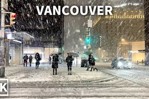 【4K】Downtown Vancouver Night Walk in Snowstorm | Canada (Sounds Of Snowfall)