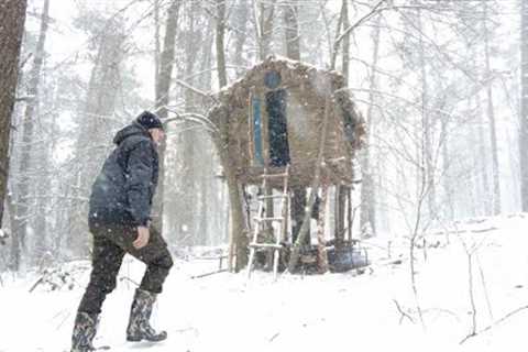 Winter Camp in Snowstorm Conditions, Snow Camp in a Treehouse in the Forest in Heavy Snowfall, Hut