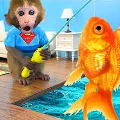 Monkey Baby Bon Bon  goes fishing and bathes with ducklings in the swimming pool